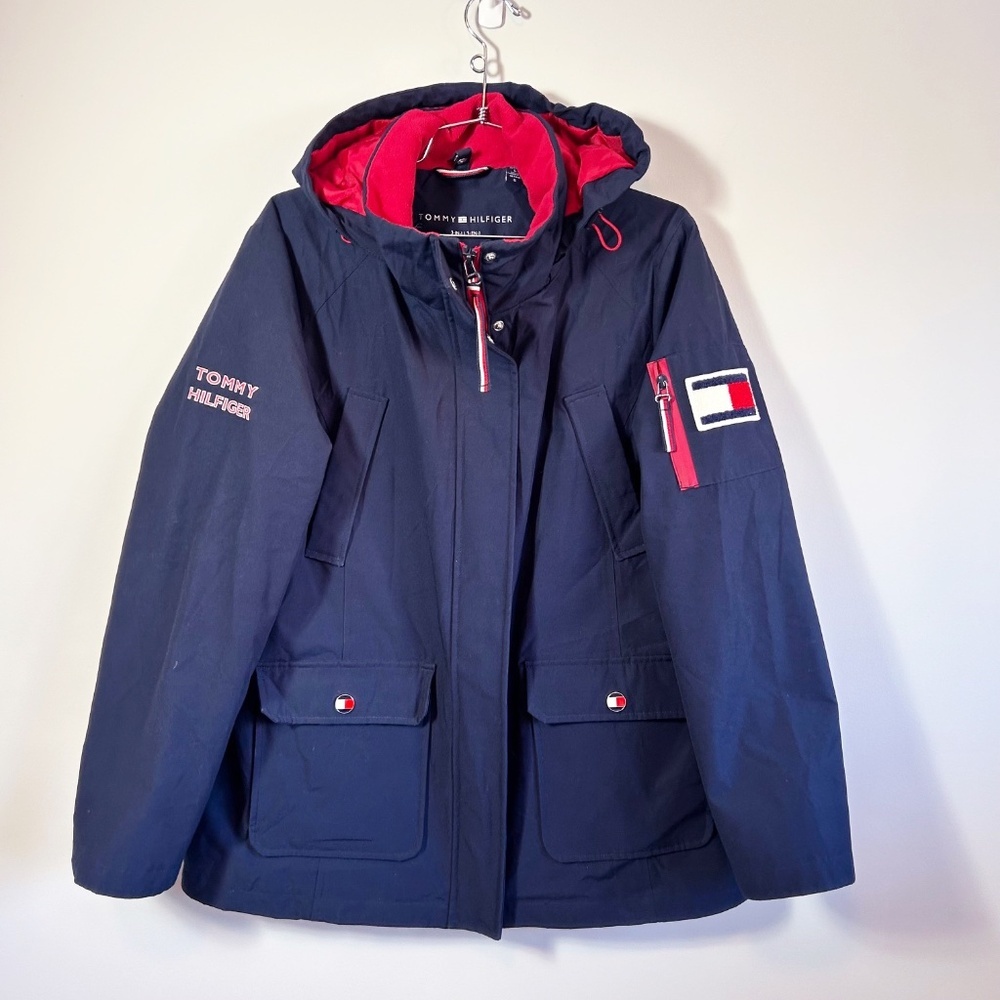 Tommy Hilfiger Women's Hooded Jacket Navy and Red, Size L